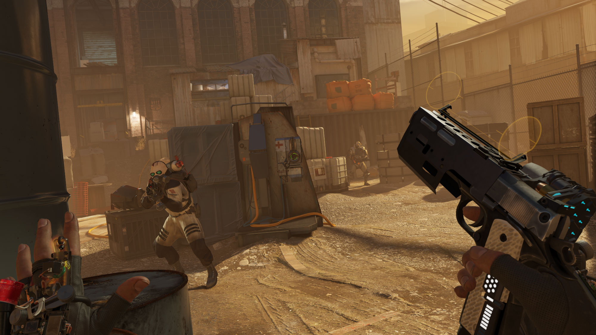 Hands and a weapon in the foreground of a sunlit Half-Life: Alyx courtyard.