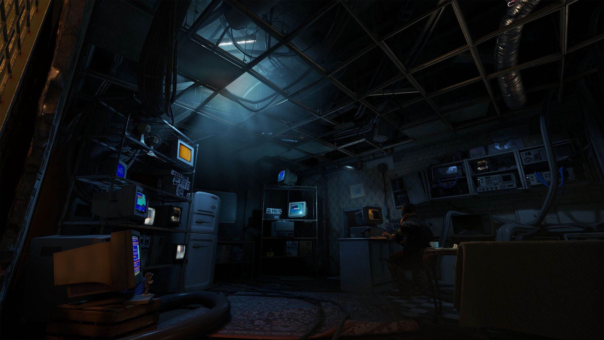 A dim Half-Life: Alyx interior filled with monitors, cables and equipment.