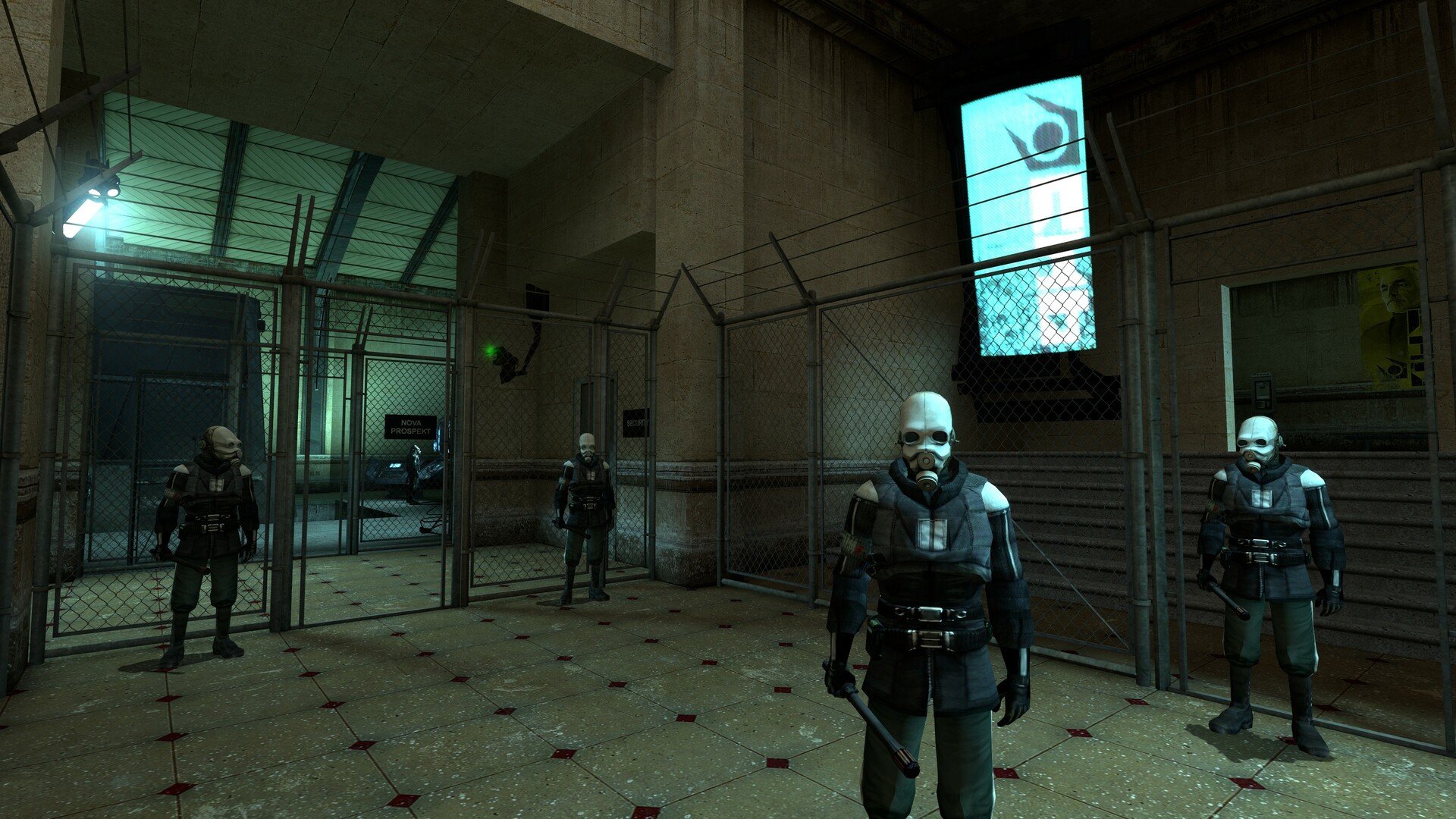 Combine soldiers address the viewpoint in a fenced Half-Life 2 environment.